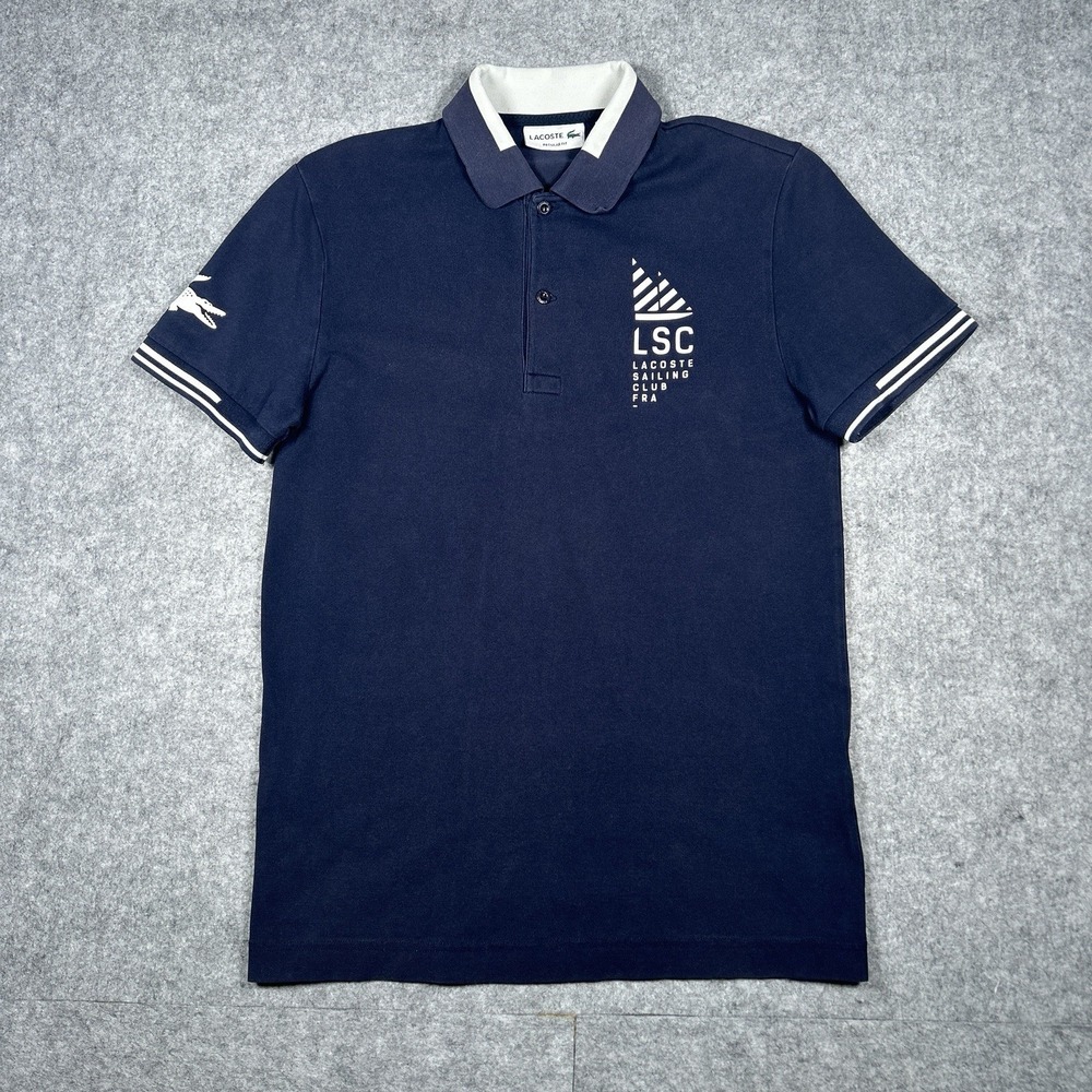 Lacoste Polo Shirt Mens Size 2 Small‎ Navy Blue Sailing Club France Pin Striped